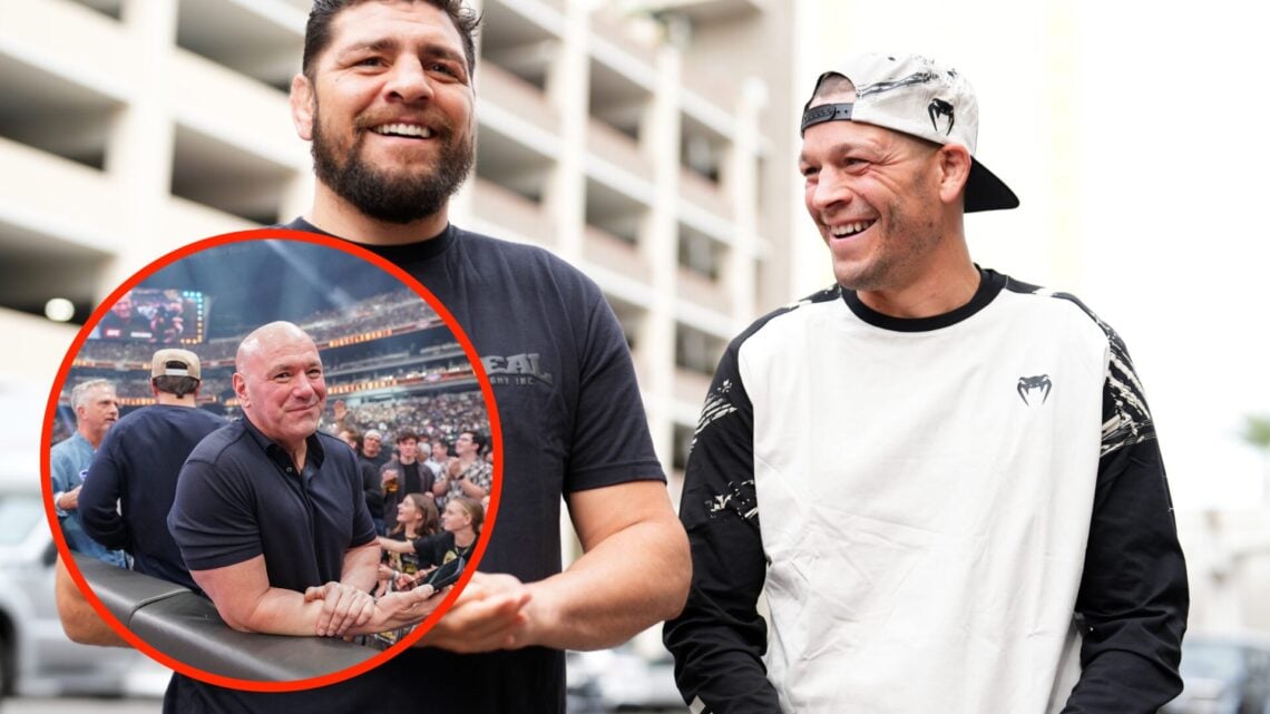 Nate and Nick Diaz at the UFC 279 ceremonial weigh-ins with an inset of Dana White at Wrestlemania 41