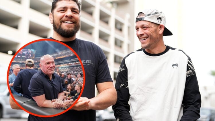 Nate and Nick Diaz at the UFC 279 ceremonial weigh-ins with an inset of Dana White at Wrestlemania 41