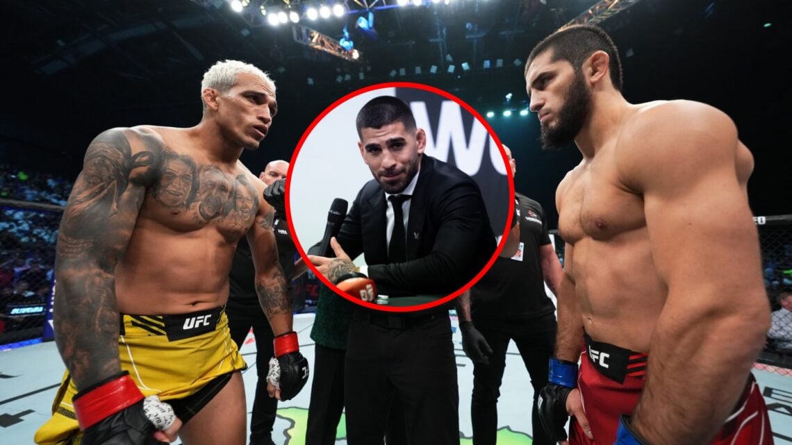 Main: Charles Oliveira and Islam Makhachev face off inside the Octagon ahead of their title fight at UFC 280. Inset: Ilia Topuria speaks during a p...