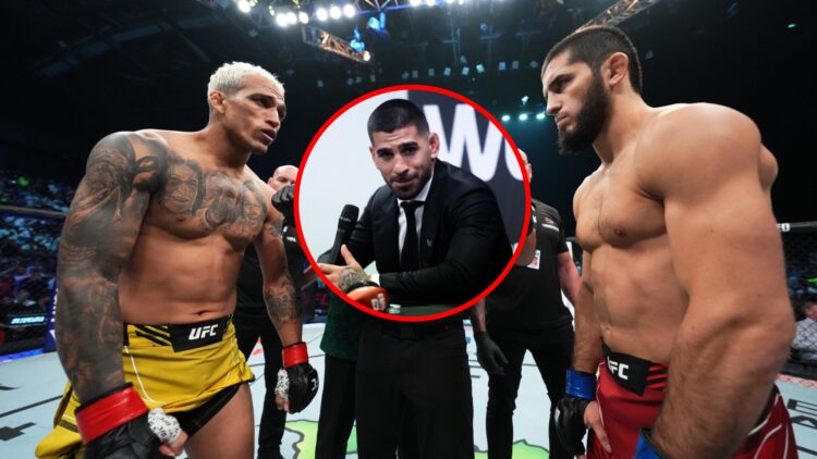 Main: Charles Oliveira and Islam Makhachev face off inside the Octagon ahead of their title fight at UFC 280. Inset: Ilia Topuria speaks during a p...