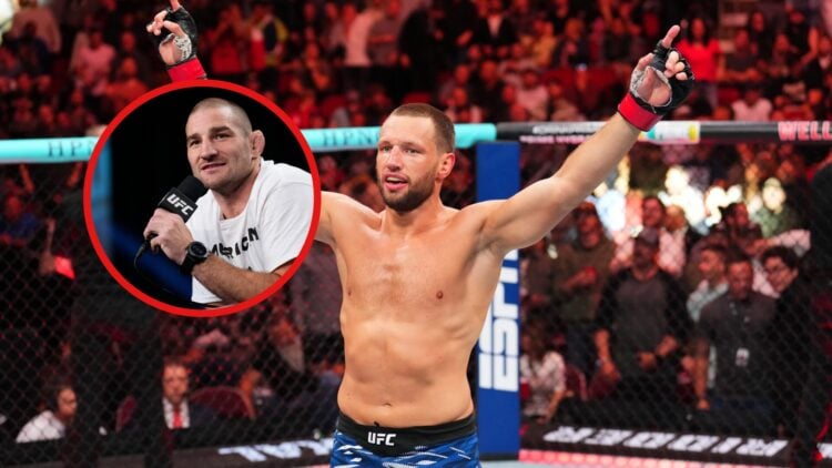 Main photo shows Reinier De Ridder celebrating his win at UFC Des Moines, Bubble shows Sean Strickland speaking at a UFC press conference