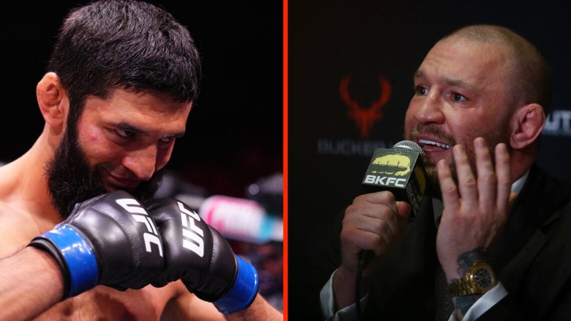 Khamzat Chimaev moments before UFC 308 fight split with Conor McGregor talking to the media at BKFC event