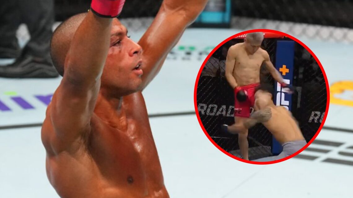 Edson Barboza celebrates after stopping Billy Quarantillo at the T-Mobile Center with an inset of Keiichiro Nakamura knocking out Eoh Jin Park