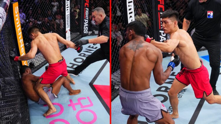 Agulali knocks out Mridul Saikia with punches during their quarter-final fight at Road to UFC in Shanghai, China.