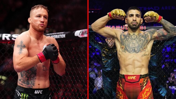 Split image of UFC's Justin Gaethje and Ilia Topuria preparing to fight