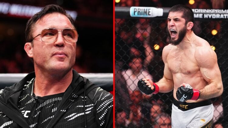 Split image of UFC's Chael Sonnen and Islam Makhachev screaming