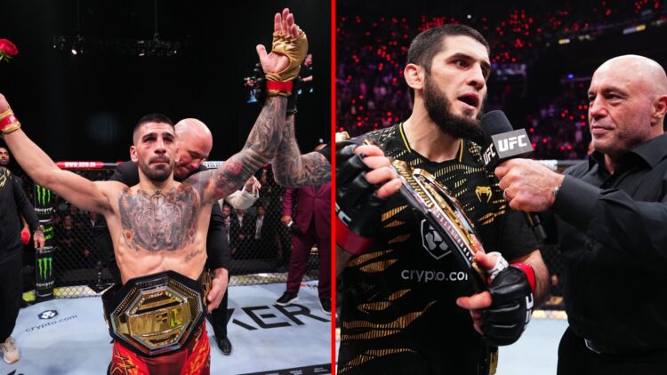 Split image of Ilia Topuria and Islam Makhachev with their UFC titles
