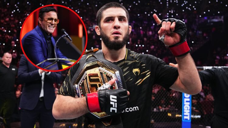 Main photo shows Islam Makhachev holding his UFC title belt after a win. Bubble photo shows Chael Sonnen at the UFC Hall of Fame