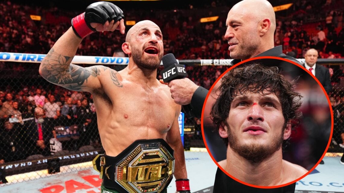 Alexander Volkanovski speaks to Joe Rogan following UFC 314 title win with an inset of Movsar Evloev following his UFC 310 win