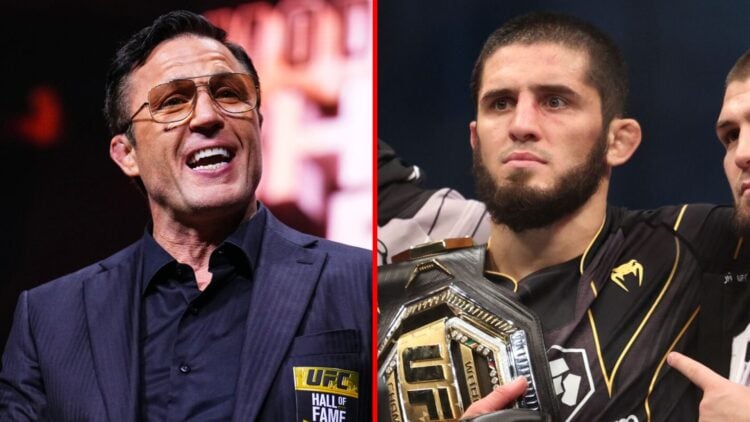 Left: Chael Sonnen speaks at the 2024 UFC Hall of Fame induction ceremony. Right: Islam Makhachev celebrates after winning the UFC lightweight titl...
