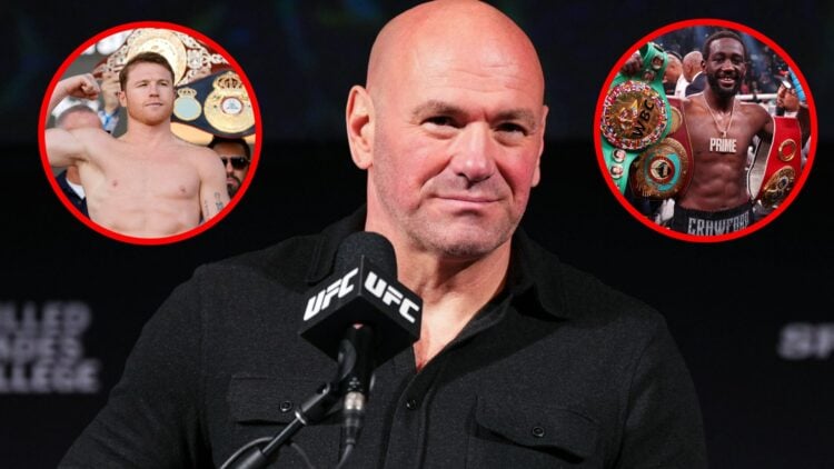 Image of Dana White at the UFC 297 press conference with two insets of Canelo Alvarez and Terence Crawford posing with world title belts
