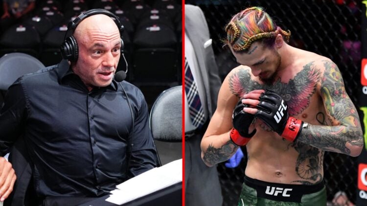 Left: Joe Rogan cageside to commentate UFC 303 alongside Daniel Cormier and Jon Anik. Right: Sean O'Malley inside the cage at the Apex for his figh...