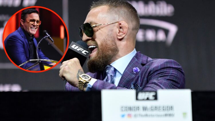 Conor McGregor at the UFC 264 press conference with an inset of Chael Sonnen at the UFC Hall of Fame ceremony 2024