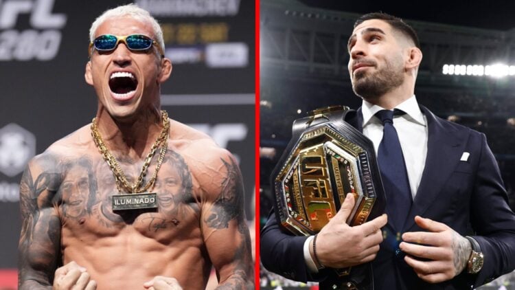 Charles Oliveira poses on the scales at the UFC 280 weigh-ins with Ilia Topuria in attendance at the LaLiga EA Sports match between Read Madrid CF ...