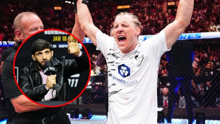 Main: Paddy Pimblett celebrates after his TKO win over Michael Chandler at UFC 314 in Miami, Florida. Inset: Arman Tsarukyan speaking at the UFC 31...