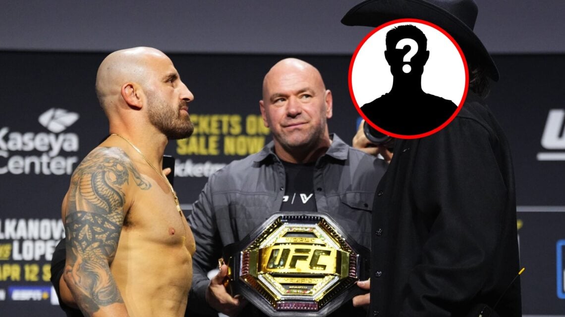 Main: Alexander Volkanovski and Diego Lopes face off next to Dana White at the ceremonial weigh-ins for UFC 314. Inset: Mystery fighter