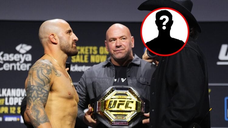 Main: Alexander Volkanovski and Diego Lopes face off next to Dana White at the ceremonial weigh-ins for UFC 314. Inset: Mystery fighter