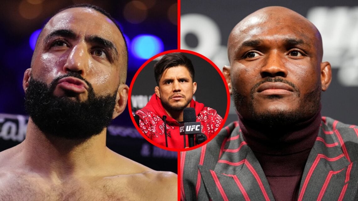Belal Muhammad prepares to face Jack Della Maddalena at UFC 315 with Kamaru Usman on stage at the UFC 286 press conference with an inset of Henry C...