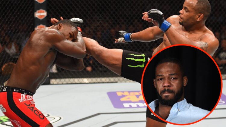 Daniel Cormier lands head kick on Anthony Johnson during UFC 187 main event with an inset of Jon Jones crying at a UFC press conference