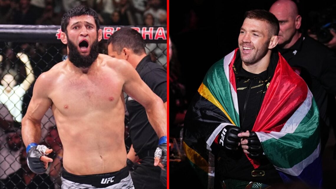 Left: Khamzat Chimaev celebrates after submitting Robert Whittaker in round one at UFC 308. Right: Dricus du Plessis walks to the Octagon for his t...