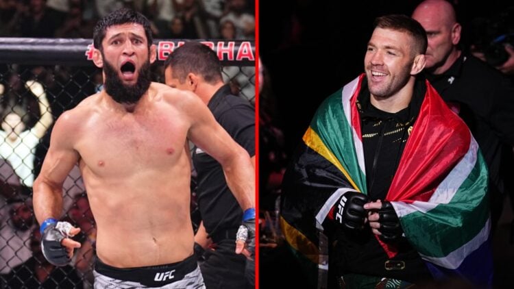 Left: Khamzat Chimaev celebrates after submitting Robert Whittaker in round one at UFC 308. Right: Dricus du Plessis walks to the Octagon for his t...