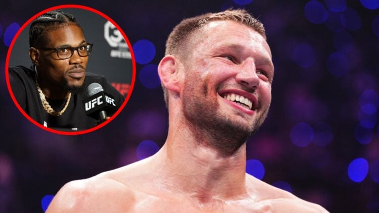 Reinier de Ridder reacts after beating Kevin Holland at UFC 311 with an inset of Holland speaking at the UFC Noche media day