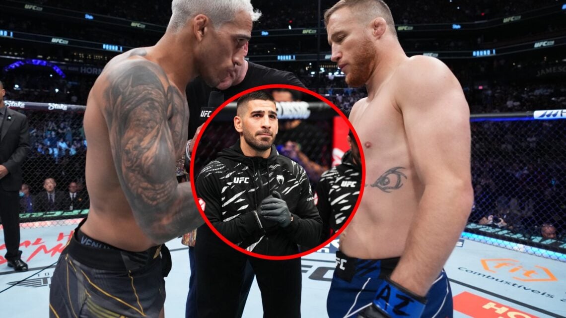 Main: Charles Oliveira and Justin Gaethje face off before their title fight at UFC 274. Inset: Ilia Topuria corners his brother and teammate at UFC...