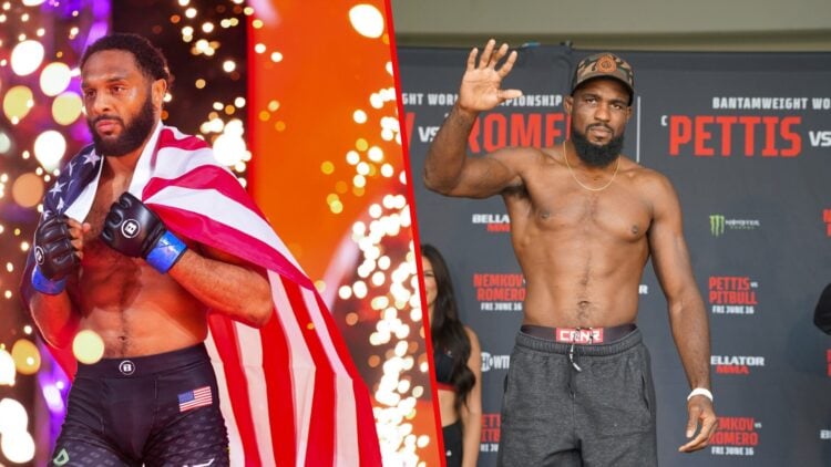 AJ McKee walking to the cage (right) and Corey Anderson at weigh-ins waving (left)