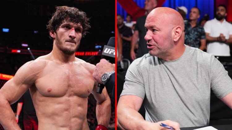 Left: Movsar Evloev speaks to Joe Rogan inside the cage after his win over Aljamain Sterling at UFC 310. Right: UFC CEO Dana White reacts to a figh...