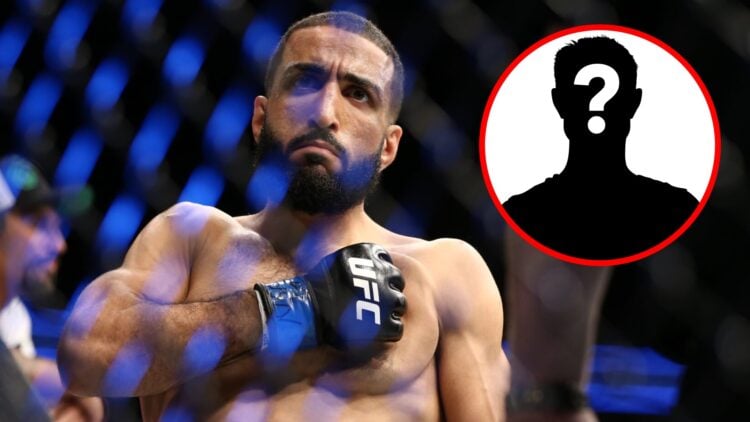 Belal Muhammad enters the cage ahead of his UFC 213 fight with Jordan Mein with an inset of a mystery icon