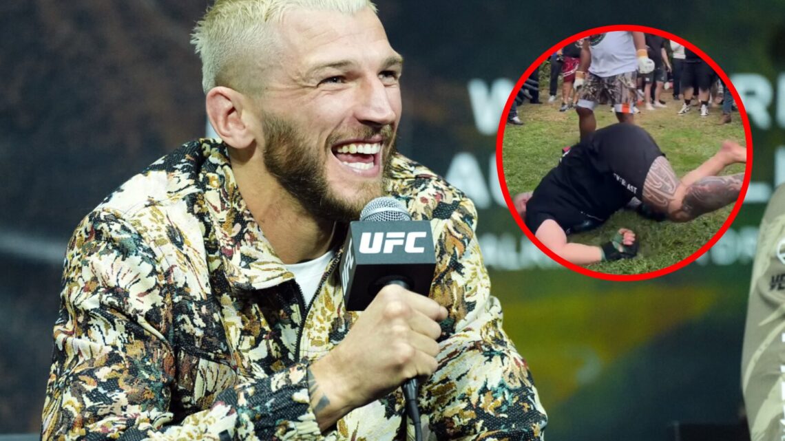 Dan Hooker on stage at the UFC 305 press conference with an inset of a fighter being knocked out at 'King of the Streets'