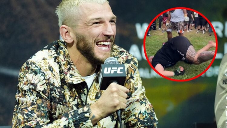 Dan Hooker on stage at the UFC 305 press conference with an inset of a fighter being knocked out at 'King of the Streets'