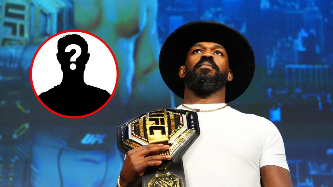 Main: Jon Jones holds the UFC heavyweight title during the press conference ahead of his UFC 309 main event against Stipe Miocic. Inset: Mystery fi...