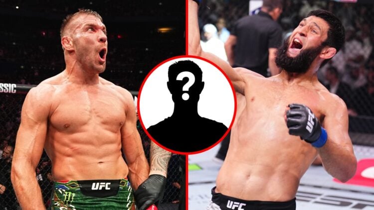 Left: Dricus du Plessis celebrates after his title win over Sean Strickland at UFC 312 in Australia. Right: Khamzat Chimaev celebrates after his fi...