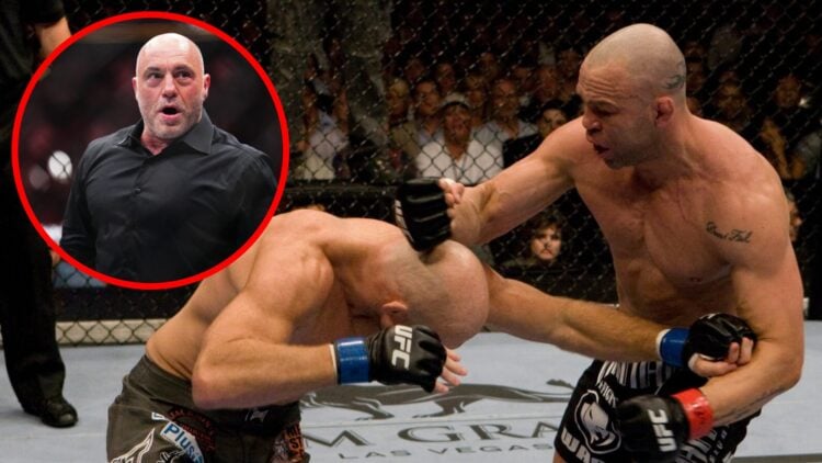 Wanderlei Silva punches Keith Jardine at UFC 84 with an inset of Joe Rogan reacting to Max Holloway's knockout of Justin Gaethje at UFC 300