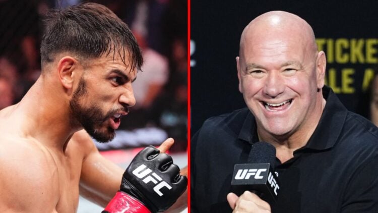 Left: Yair Rodriguez speaks to Patricio Pitbull after their fight at UFC 314 in Miami. Right: Dana White on stage at the UFC 316 press conference i...