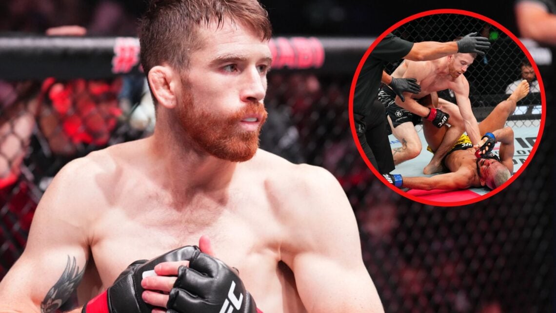 Cory Sandhagen moments before his fight with Umar Nurmagomedov with an inset of Sandhagen stopping Deiveson Figueiredo at UFC Des Moines