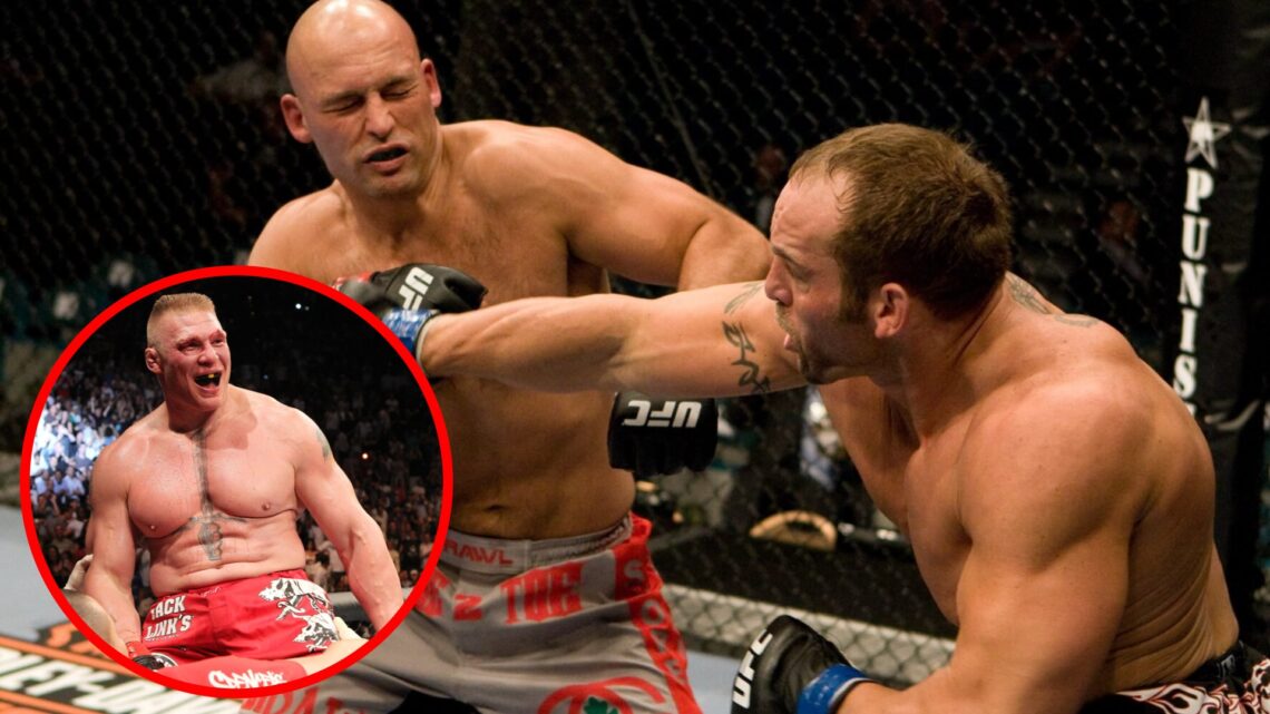 Shane Carwin punches Christian Wellisch at UFC 84 with an inset of Brock Lesnar celebrating his win over Shane Carwin at UFC 116