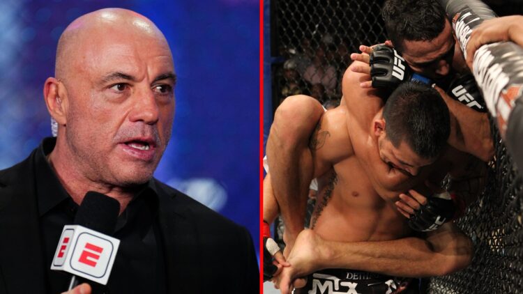 Left: Joe Rogan on commentary at the UFC 313 event in Las Vegas. Right: Charles Oliveira defeats Efrain Escudero by rear-naked choke submission at ...