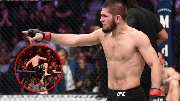 Main: Khabib Nurmagomedov points to Conor McGregor's corner after submitting the Irishman at UFC 229 in 2018. Inset: Khabib Nurmagomedov jumps the ...