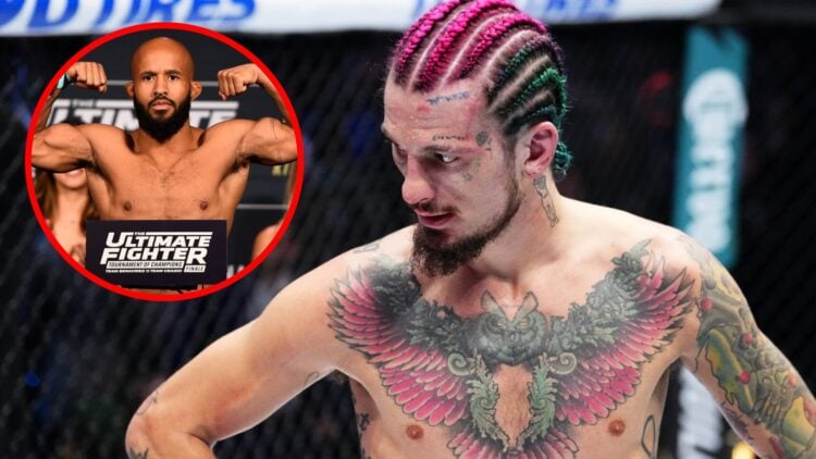 Sean O'Malley reacts after losing to Merab Dvalishvili at UFC 306 with an inset of Demetrious Johnson posing on the scales at the TUF Finale weigh-in