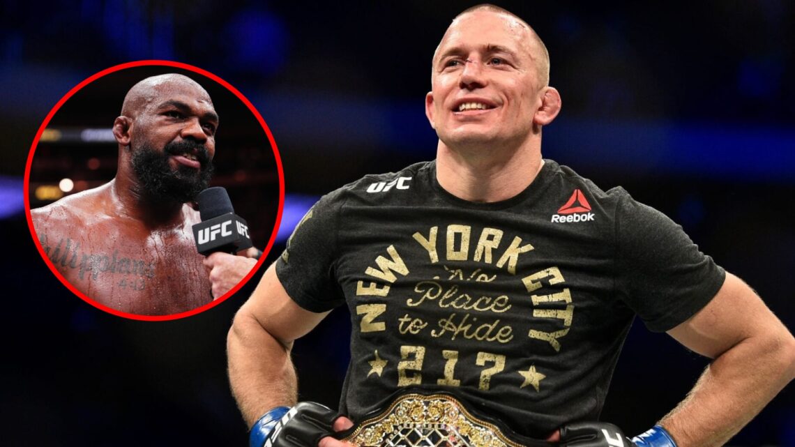 Main: Georges St-Pierre celebrates inside the Octagon after beating Michael Bisping to become middleweight champion at UFC 217. Inset: Jon Jones sp...