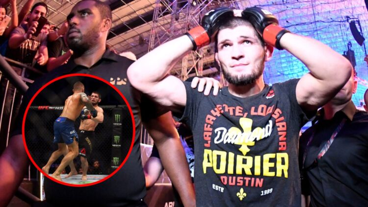 Main: Khabib Nurmagomedov exits the cage after submitting Dustin Poirier in their title fight at UFC 242. Inset: Dustin Poirier punches Khabib Nurm...