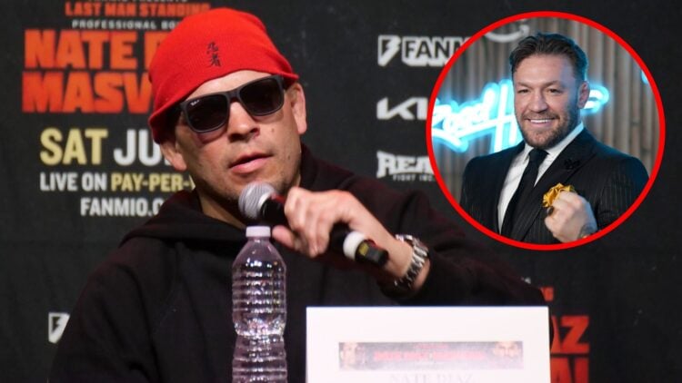 Nate Diaz on stage at 'The Baddest Tour' press conference with an inset of Conor McGregor at the New York premiere of 'Road House'