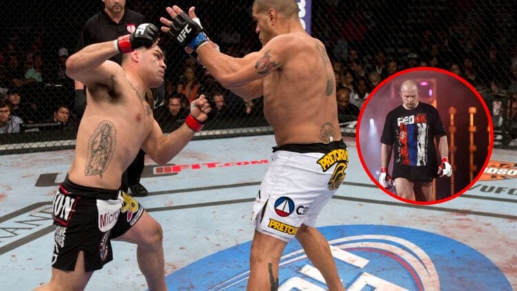 Main: Cain Velasquez punches Antonio 'Bigfoot' Silva during their heavyweight title fight at UFC 160. Inset: Fedor Emelianenko walks to the cage fo...