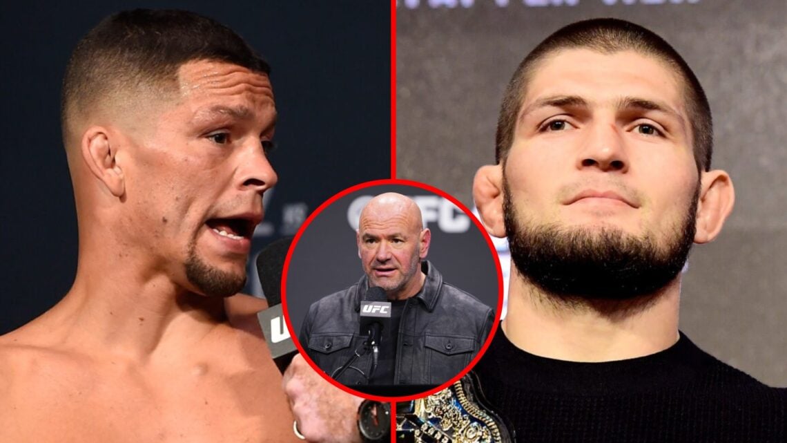 Left: Nate Diaz speaks on stage at the UFC 202 ceremonial weigh-ins. Right: Khabib Nurmagomedov on stage at the UFC 229 press conference. Inset: Da...