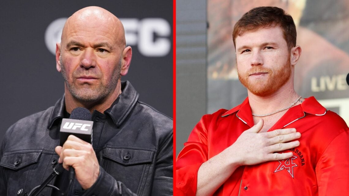 Split image of Dana White on stage at a UFC press conference and Canelo Alvarez during a ceremonail weigh-in
