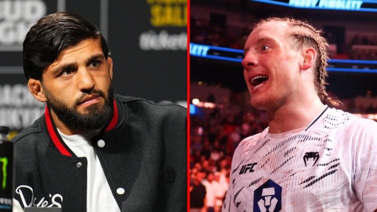 Left: Arman Tsarukyan on stage at the UFC 311 press conference. Right: Paddy Pimblett exits the cage after beating Michael Chandler at UFC 314.