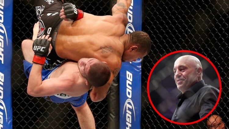 Khabib Nurmagomedov slams Abel Trujillo at UFC 160 with an inset of Joe Rogan walking into the cage at UFC 282