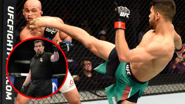 Yair Rodriguez kicks BJ Penn at the UFC Fight Night event in Phoenix, Arizona with an inset of referee John McCarthy in the cage at UFC 177